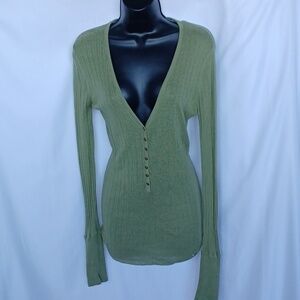 Aphorism by Anthropologie Khaki Green Button Front Sweater/sz M, 18" PTP, 28" Lg